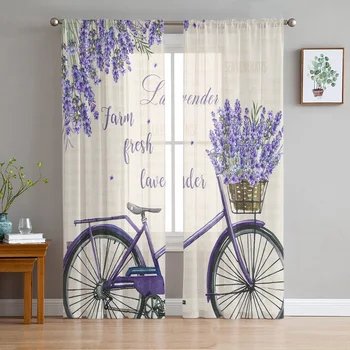 Ферма Фиолетовый Свежий цветок Лаванда Велосипед Тюль Прозрачные Занавески на окна для гостиной Спальни Тюль Вуаль Шторы Украшения