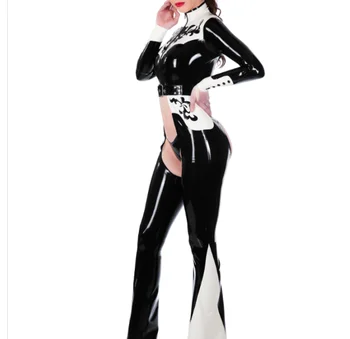 Фетиш из латексной резины сексуальное боди черно-белый цельный открытый спортивный костюм