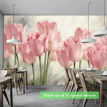 Фотообои на заказ, ручная роспись розовых тюльпанов, настенное покрытие в виде цветов, фреска для гостиной, спальни, фон для кухни-столовой, 3D-рисунок
