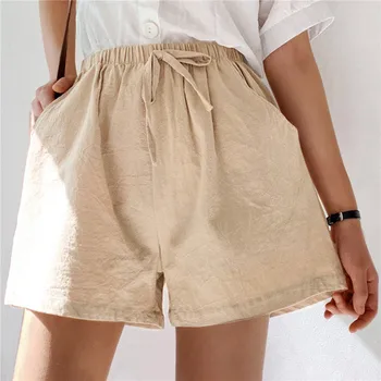Хлопчатобумажные льняные шорты Женская домашняя одежда Базовые короткие брюки Мини-брюки Trafic с высокой талией для девочек-подростков Летние Большие размеры