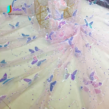 Хорошее качество Домашнее платье своими руками Детская юбка Свадебное платье Материал Красочная вышивка бабочками Блестки Швейная тюлевая ткань S1557L