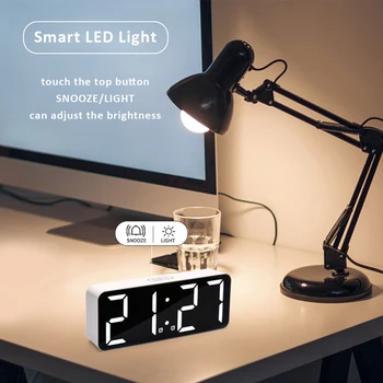 Цифровые светодиодные зеркальные настольные часы с регулируемой яркостью, часы с низким потреблением энергии для рабочего стола в спальне, гостиной