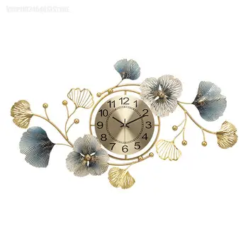 Часы Настенные часы в гостиной Простые Современные Атмосферные 2023 Новые Металлические украшения из листьев Гинкго Новые Китайские часы