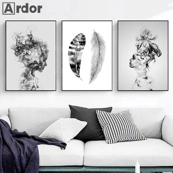 Черно-белый Абстрактный женский плакат, настенное искусство, холст, живопись, плакаты с пером и принты, настенные панно в скандинавском стиле, декор для гостиной
