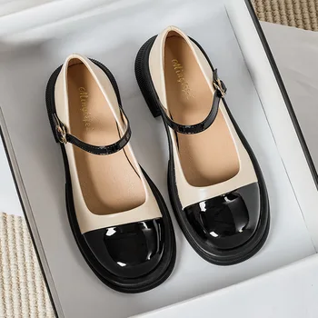 черные/белые кожаные лоскутные туфли mary janes, женские туфли 35-43, большие размеры, туфли на плоской платформе с ремешком на щиколотке, женские туфли-маффины в стиле 