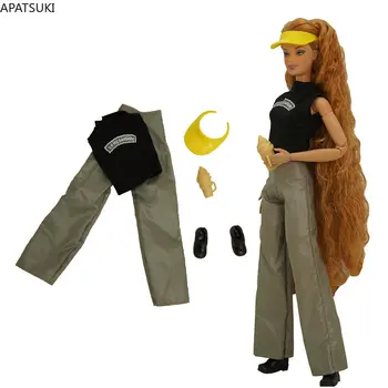 Черный Повседневный комплект уличной одежды для куклы Барби, наряды для кукол 1/6, Аксессуары для кукол Барби, Топ, Брюки, Обувь, Шляпа, Игрушки