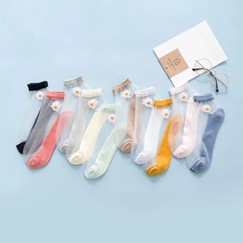 Шелковые носки Для женщин, прозрачные стеклянные кружевные шелковые носки в японском стиле харадзюку, ультратонкие дышащие носки до щиколоток с вышивкой маргаритками