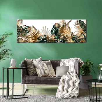 Шикарная картина на холсте с тропическим золотом и зелеными листьями, панорамный пейзаж, плакат, настенное искусство, картина для гостиной, украшение дома