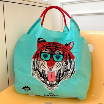 Эко-сумка с вышивкой кота, дизайнерские сумки для женщин, сумка через плечо, сумка-шоппер с тигровым шариком, сумки и кошельки с веревочной ручкой, Бродяга с животными