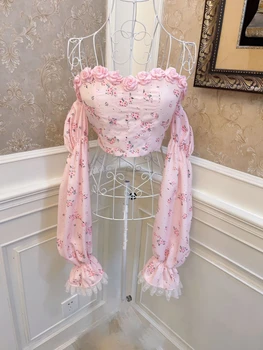 Элегантная укороченная Винтажная блузка с цветочным принтом, Женская блузка с расклешенными рукавами, Французская милая блузка 2023 года с открытыми плечами, Летняя Корейская блузка Kawaii