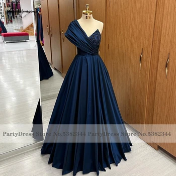 Элегантное темно-синее платье Lakshmigownn для гостей на свадьбу 2023 Vestidos на одно плечо, расшитое бисером, атласное длинное платье для выпускного вечера