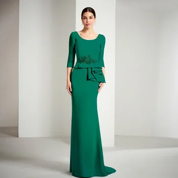 Элегантные зеленые платья для матери невесты с круглым вырезом и рукавами 3/4, платья для свадебных вечеринок, русалка с рюшами и аппликацией, длиной до пола