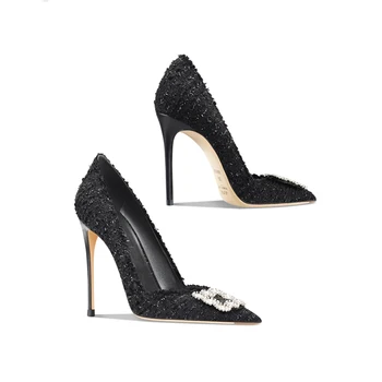 Пикантные женские туфли-лодочки длиной 10 см, Новые туфли на высоком каблуке черного цвета, роскошные стразы, базовая пряжка с кристаллами и бриллиантами, Модная вечеринка Schoenen 40